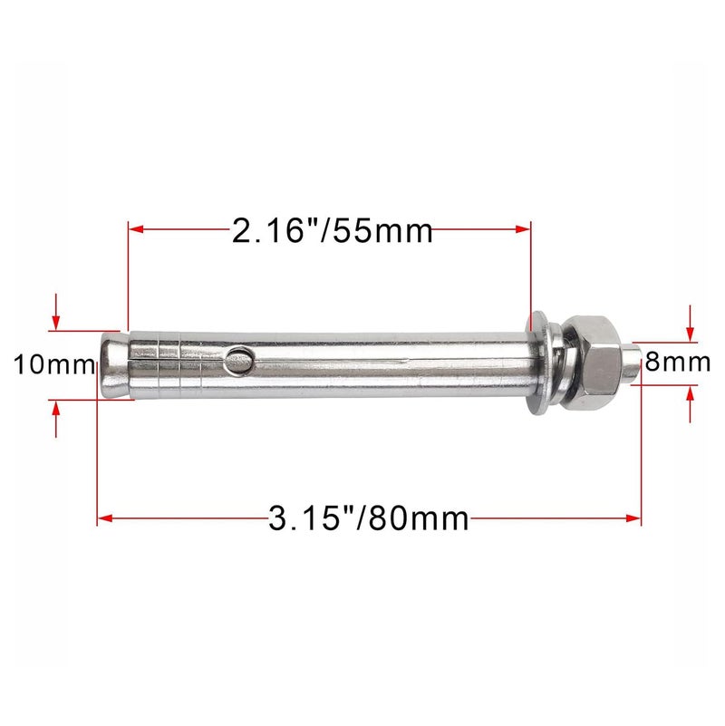 JENSWILL 10 Pack M8x80mm Expansion Bolts Anchor Bolt 304 Stainless Steel External Hex Expansion Screw Bolt Sleeve Anchor Fastener Wall Concrete - Image 2